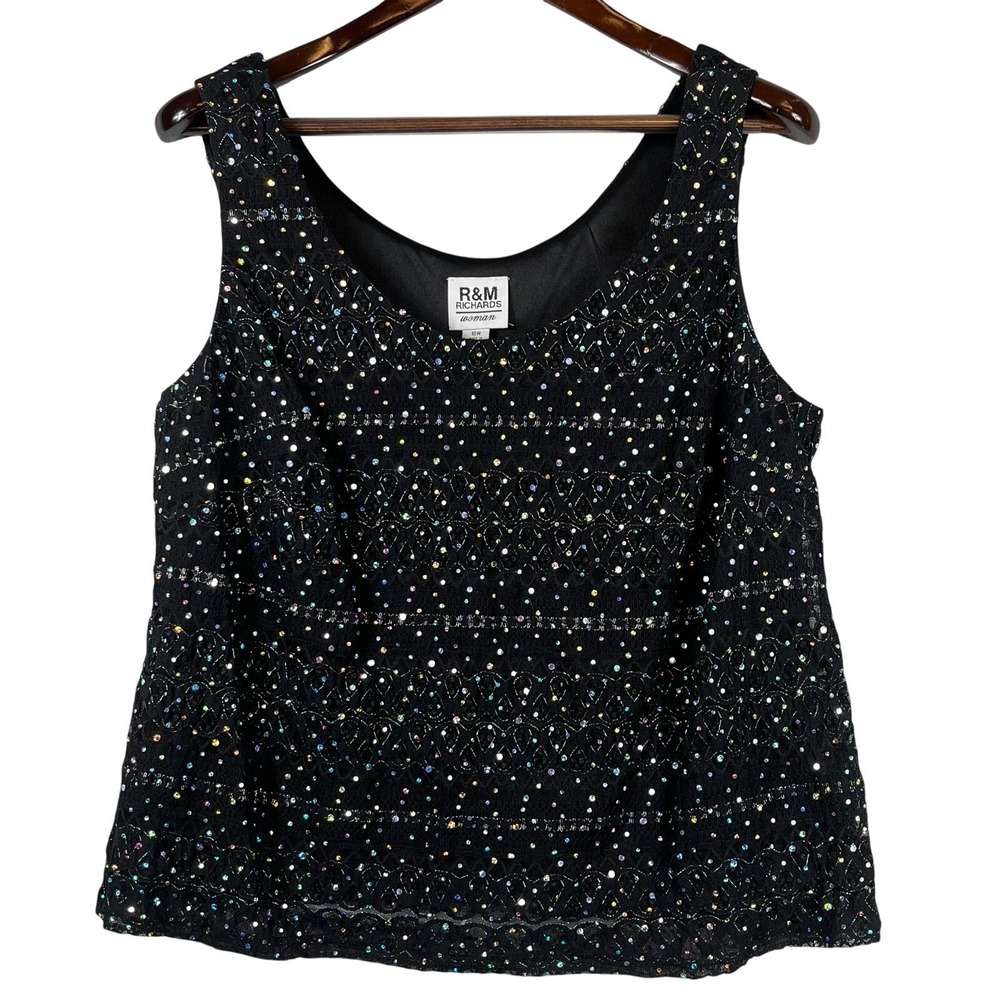 R&M Richards Womens 16W Sequin Tank Top Black Party Cocktail Evening Stretchy